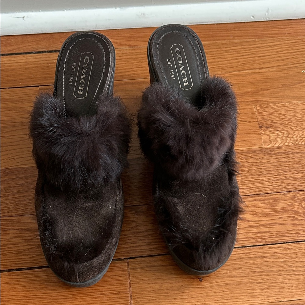 Coach -Kaela brown suede rabbit fur wedge Mules